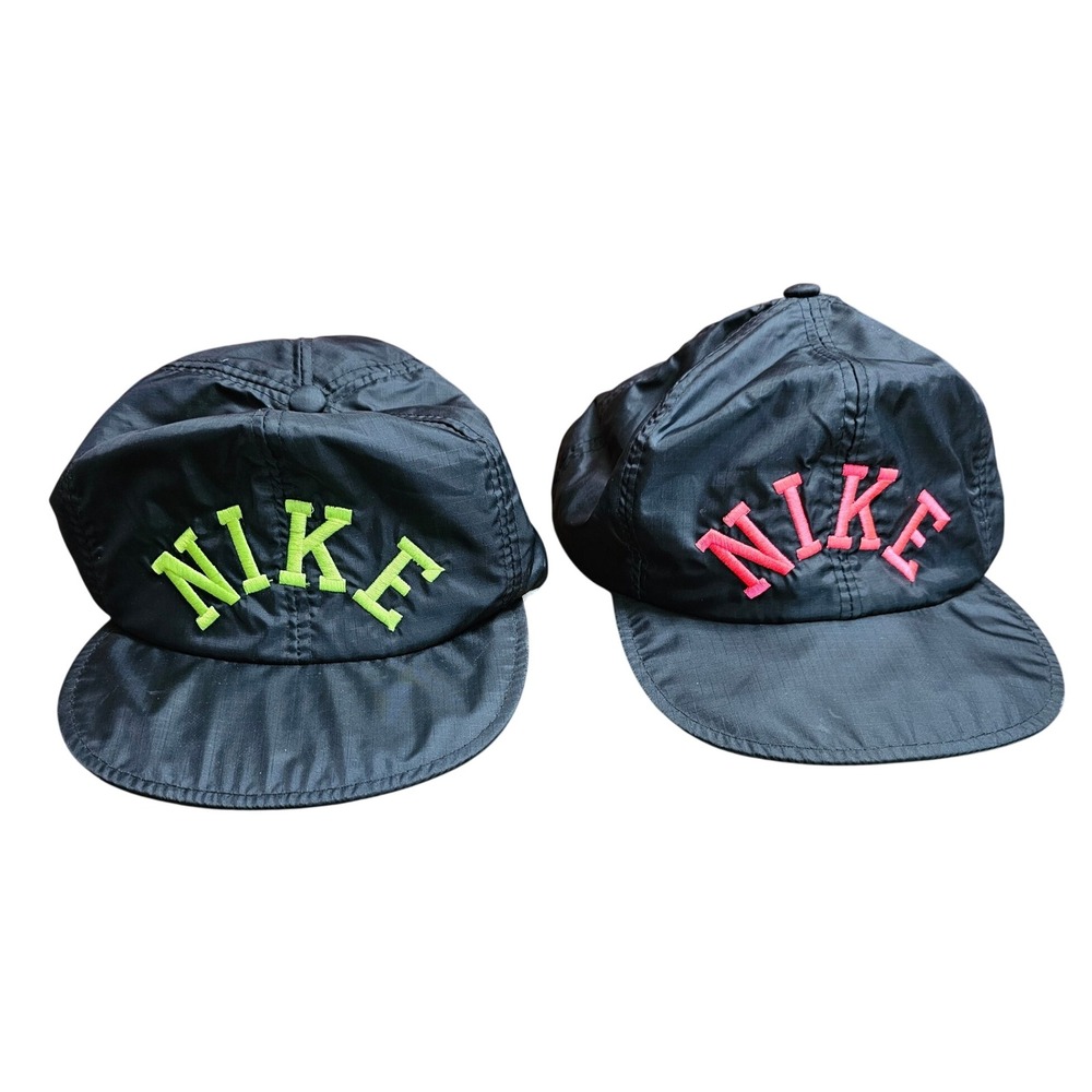 Vintage Nike Nylon Ripstop Snapback Hat Set 2 Pack Neon Green Pink Black 90s Cap